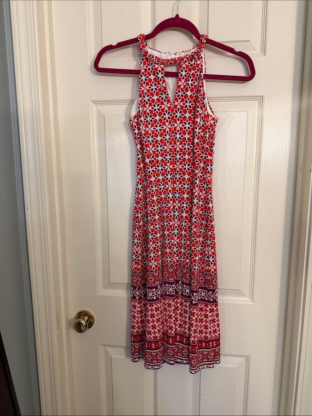 Red Floral Halter Mini Dress with Keyhole Neckline